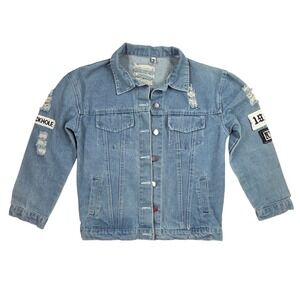 Aieryiyi Distressed Graphic Denim Jacket Light Wash Patchwork Streetwear Blue